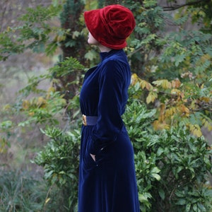 Vintage velvet dress floor length with pockets Long sleeves Fully lined Heavy cotton velvet blue dress Sewn retro romantic lady dress image 1