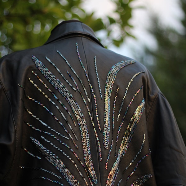 80s beaded leather jacket with Puff sleeves Dramatic glam rock style Drop waist Statement long jacket