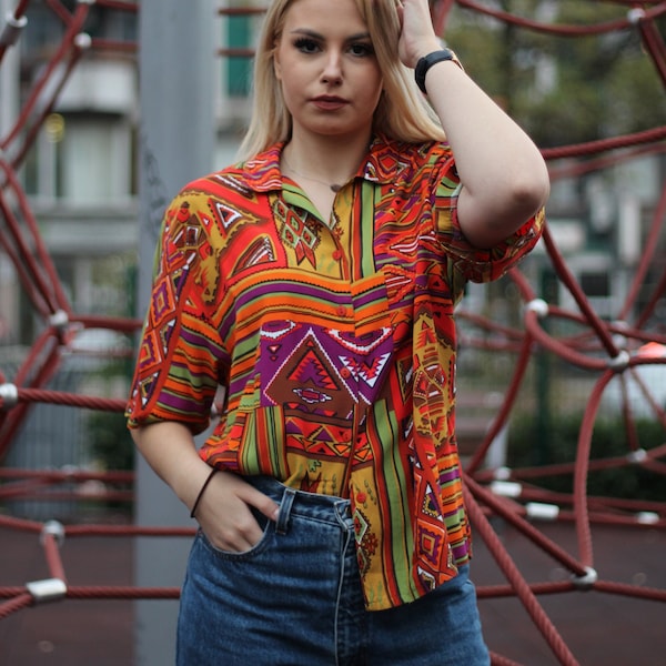 90s Colorful print blouse folk Hipster Slavic pattern Short sleeve button up shirt with geometric abstract print Color block Vibrant colors