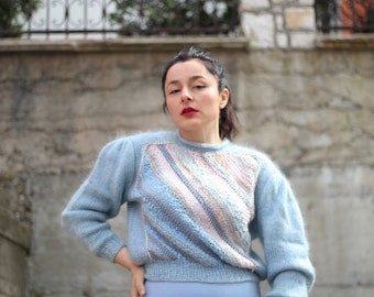 Vintage mohair sweater hand knit Puff sleeve pastel colors Pink and baby blue handmade soft sweater Candy colors sweater