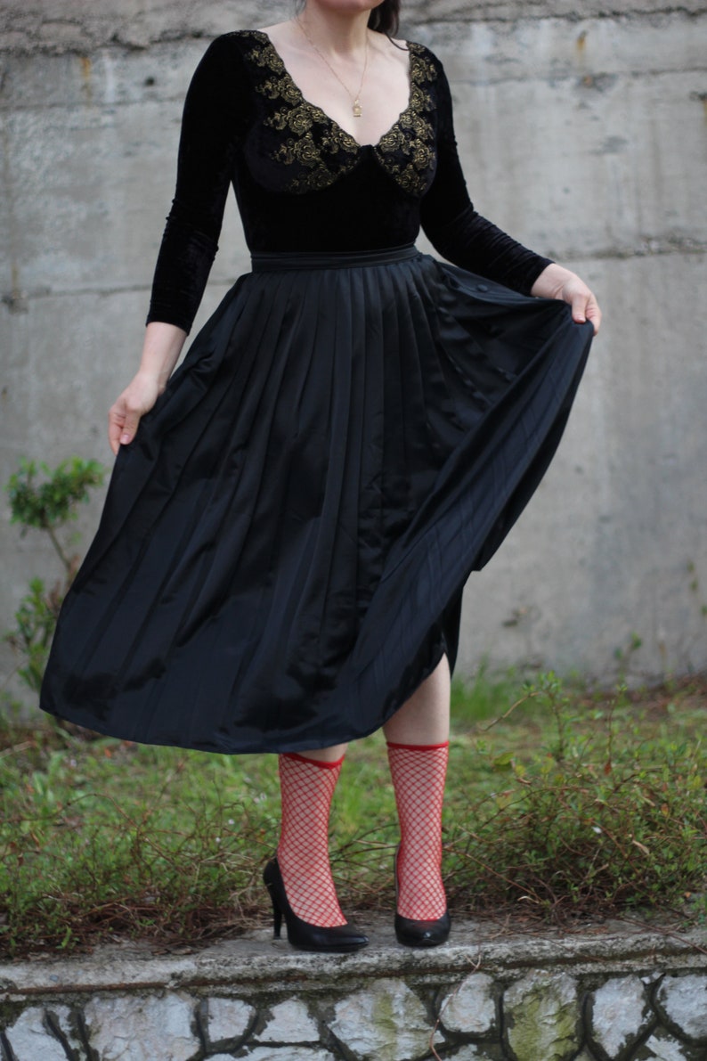 Vintage black pleated skirt high waist satin with side button up closure Minimalist urban skirt A line midi accordion skirt image 2