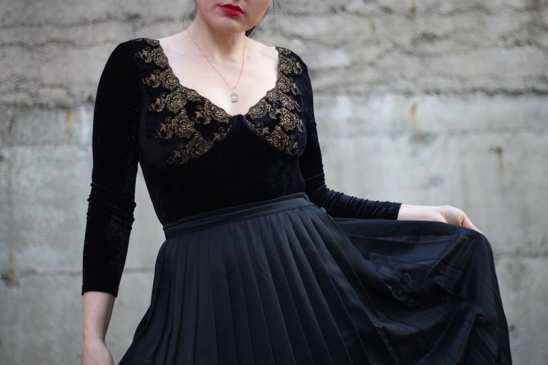 Vintage black pleated skirt high waist satin with side button up closure Minimalist urban skirt A line midi accordion skirt image 3