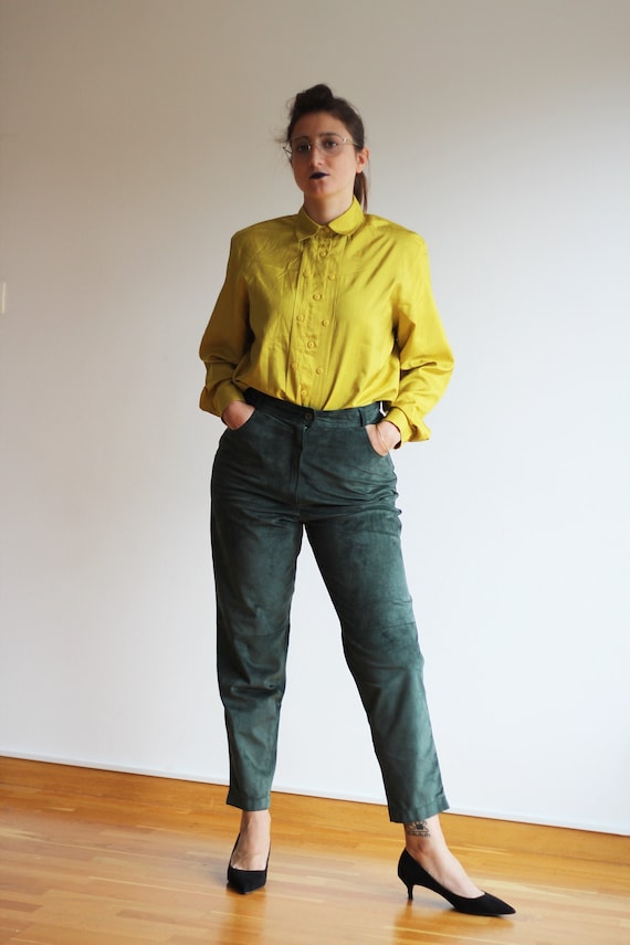 90s suede leather trousers high waist tapered cro… - image 5