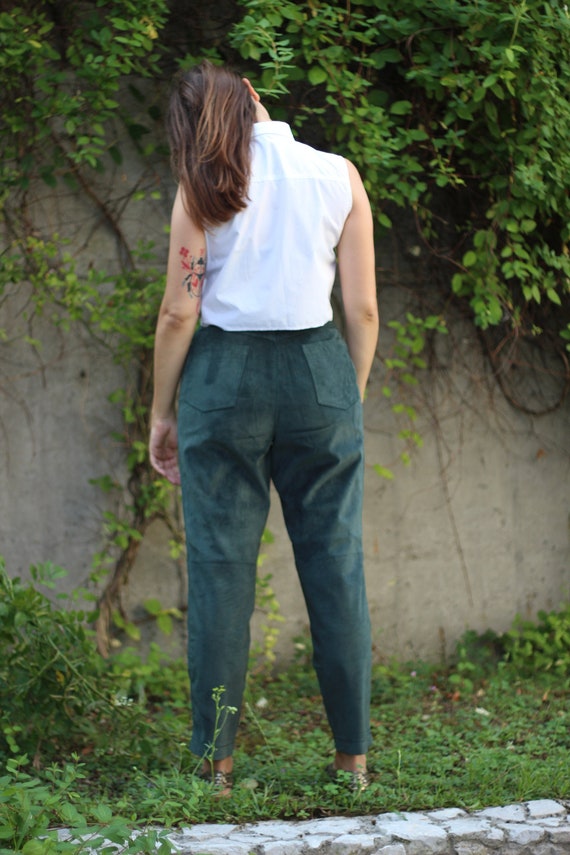 90s suede leather trousers high waist tapered cro… - image 4