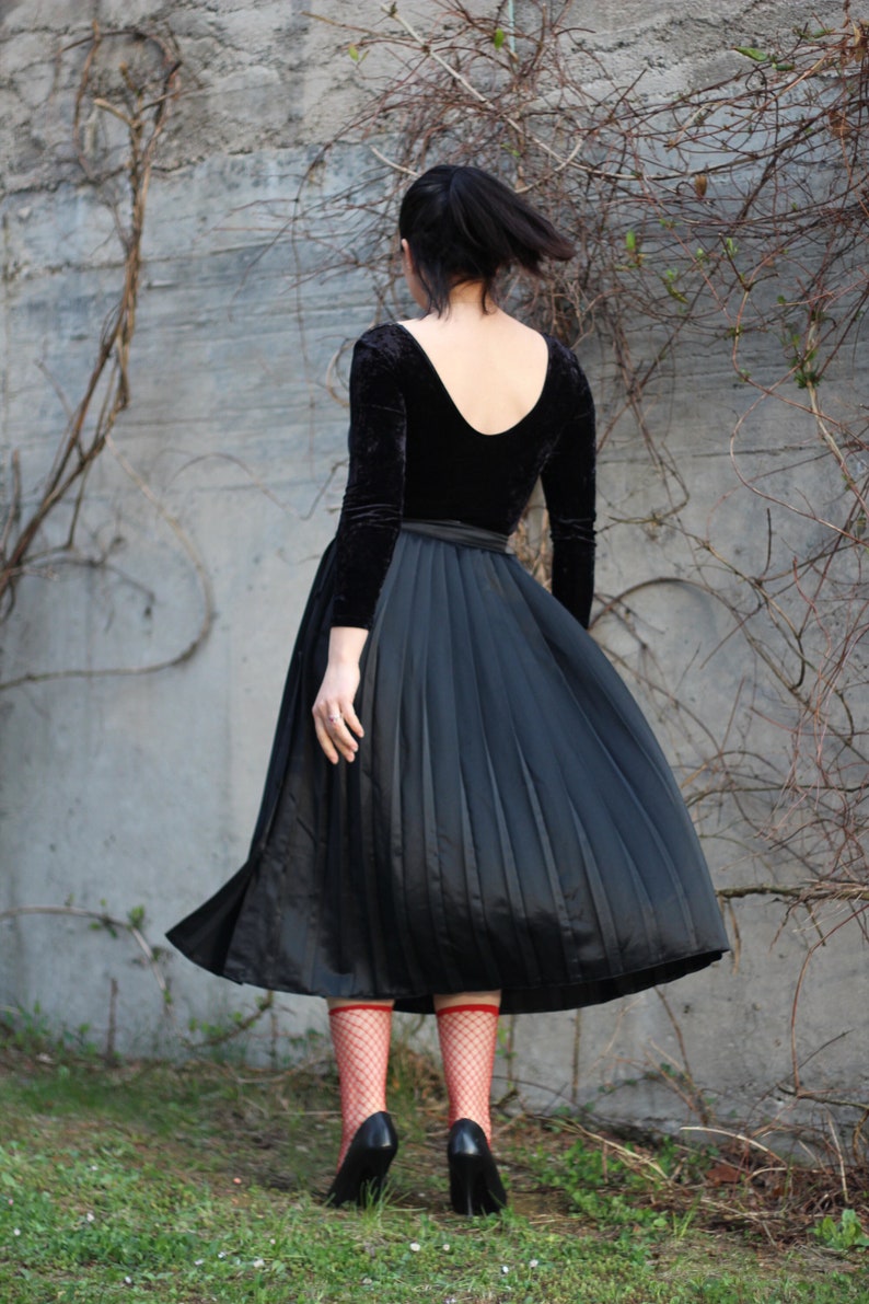 Vintage black pleated skirt high waist satin with side button up closure Minimalist urban skirt A line midi accordion skirt image 1