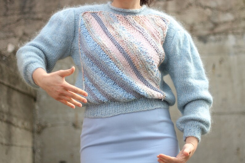 Vintage Baby Blue Mohair Sweater Handknit 80s Puff Sleeve Etsy