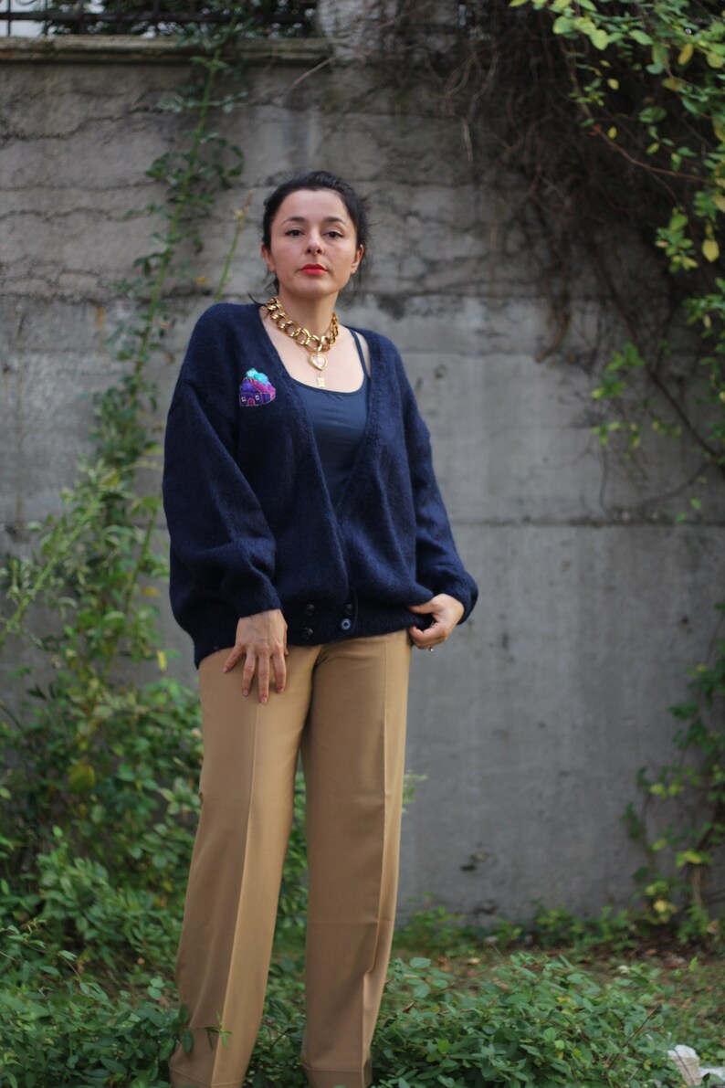 Vintage hand knit mohair cardigan Deep V button up sweater Minimalist Slouchy cardi Double breasted Drop shoulder