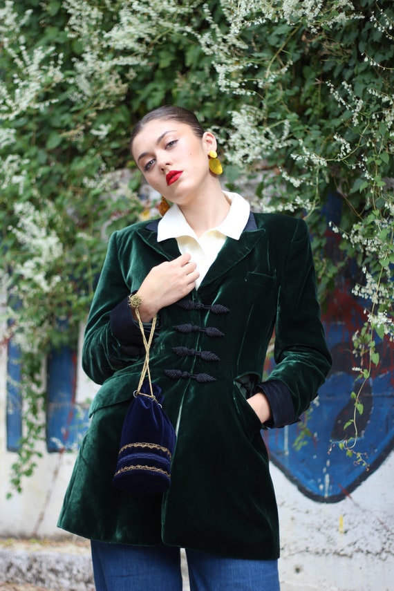 Vintage 80s 90s forest green Silk velvet blazer Fr