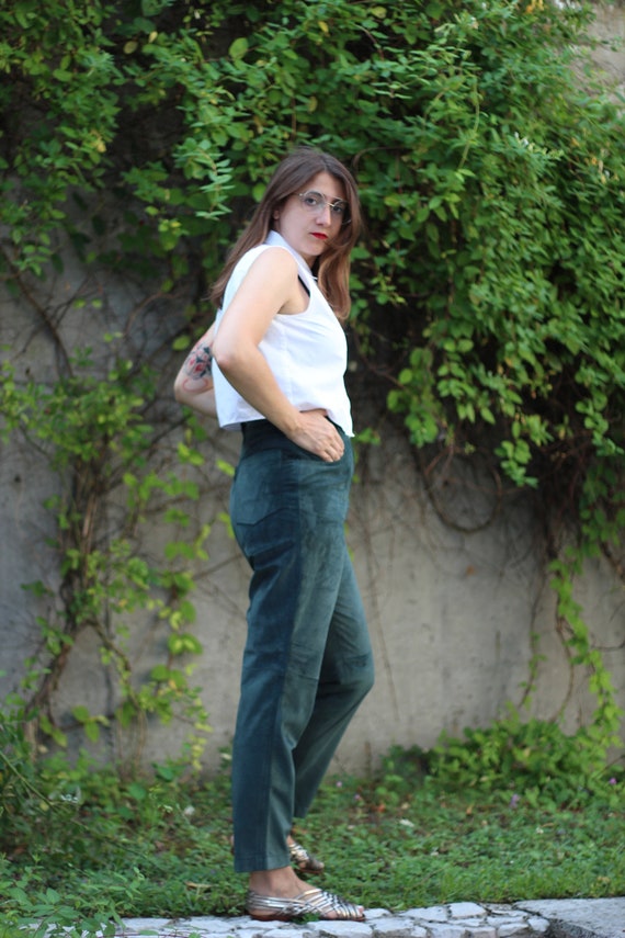 90s suede leather trousers high waist tapered cro… - image 2