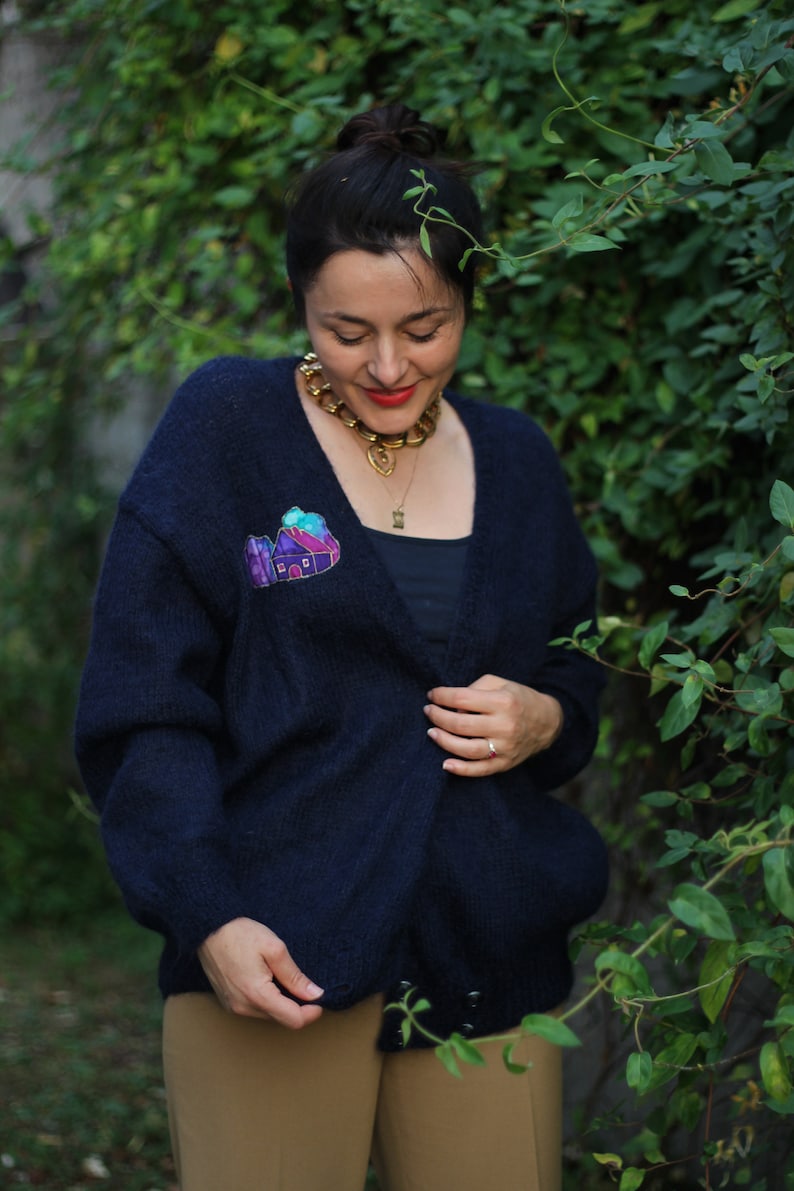 Vintage hand knit mohair cardigan Deep V button up sweater Minimalist Slouchy cardi Double breasted Drop shoulder