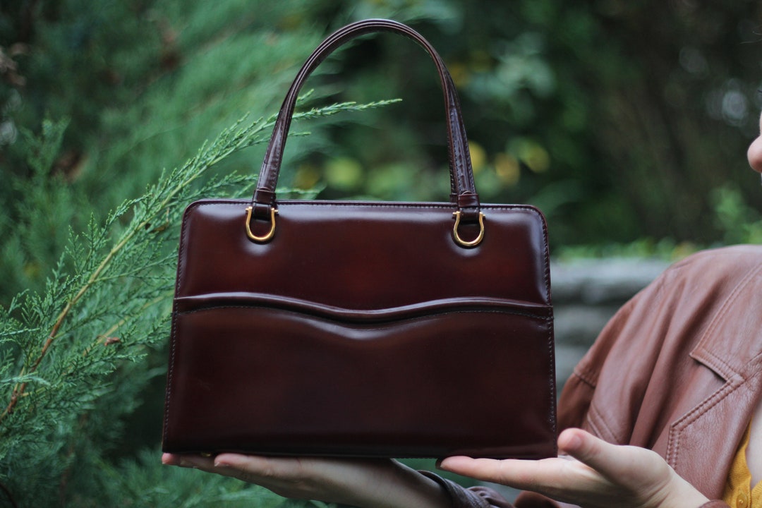 50s Top Handle Bag Chestnut Brown Handbag Glossy Structured Minimalist ...