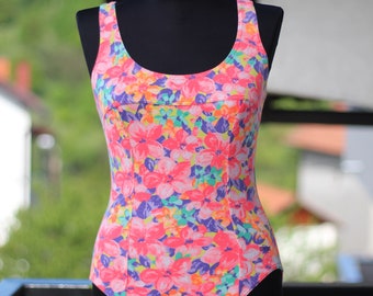 Vintage floral leotard bodysuit one piece 90s Arena Sport Cotton neon floral print Bodysuit  Open Back Gymnastics  Size M