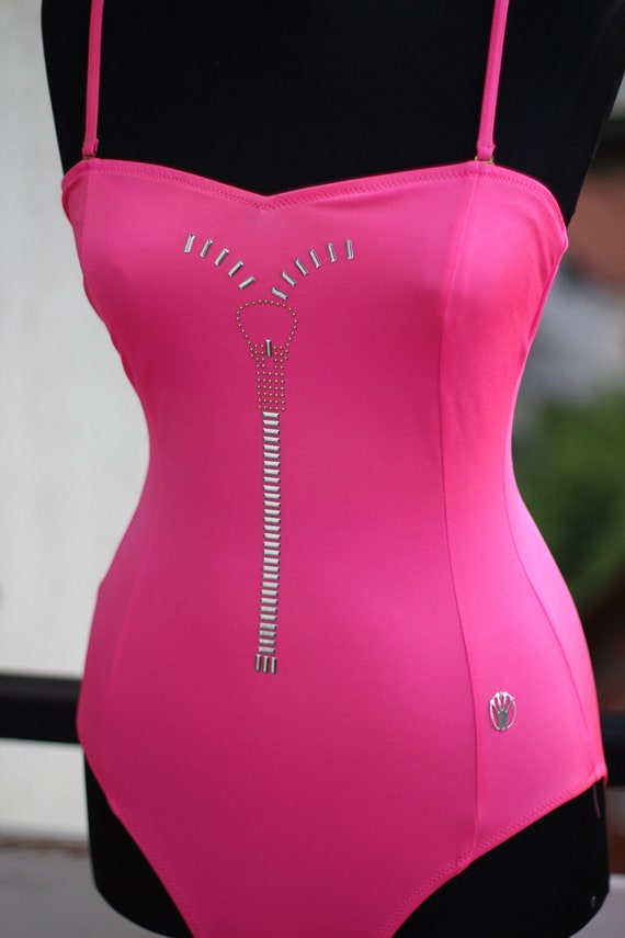 Neon pink one piece swimsuit with silver studs by… - image 2
