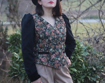 Vintage tapestry blazer Puff sleeves gobelin dirndl folk jacket Feminine Victorian style Austrian jacket floral