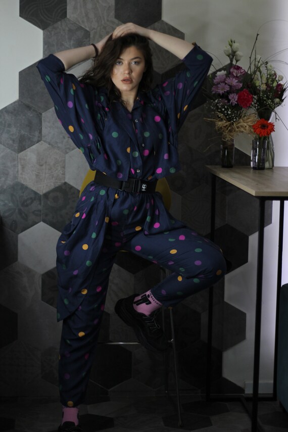 Vintage 80s silk polka dot romper Vintage bat slee