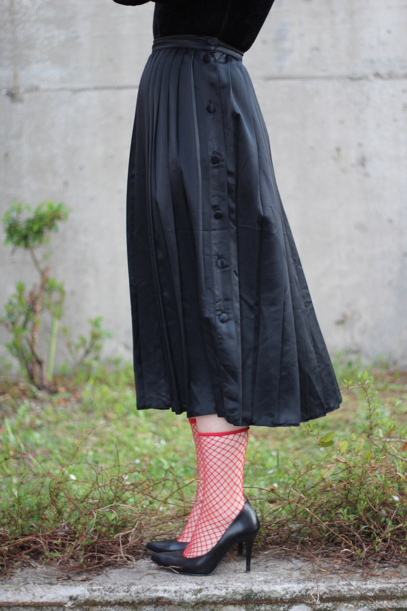 Vintage black pleated skirt high waist satin with side button up closure Minimalist urban skirt A line midi accordion skirt image 9