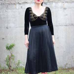 Vintage black pleated skirt high waist satin with side button up closure Minimalist urban skirt A line midi accordion skirt image 5