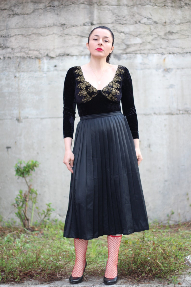 Vintage black pleated skirt high waist satin with side button up closure Minimalist urban skirt A line midi accordion skirt image 5