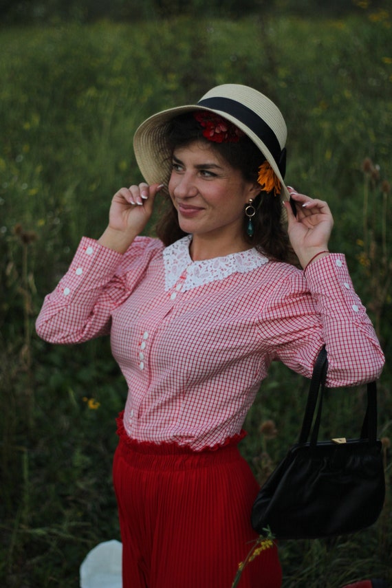 Vintage gingham blouse with puff sleeve and handm… - image 4