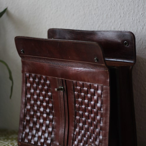 90s large woven leather handbag Minimalist Messenger Bag top handle / shoulder bag by shops Gudlin genuine leather laptop Briefcase Office bag