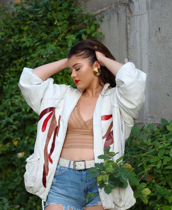 80s women white leather jacket, Slouchy women leat