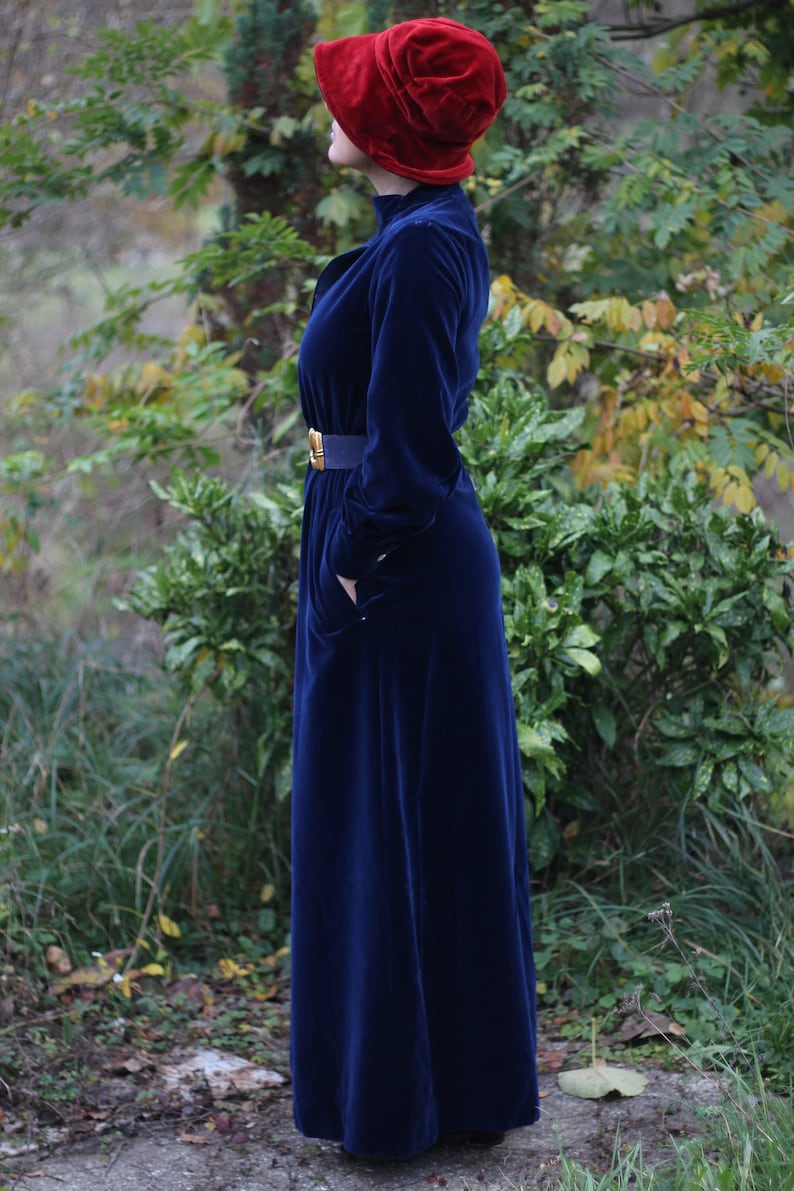 Vintage velvet dress floor length with pockets Long sleeves Fully lined Heavy cotton velvet blue dress Sewn retro romantic lady dress image 1