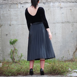 Vintage black pleated skirt high waist satin with side button up closure Minimalist urban skirt A line midi accordion skirt image 10
