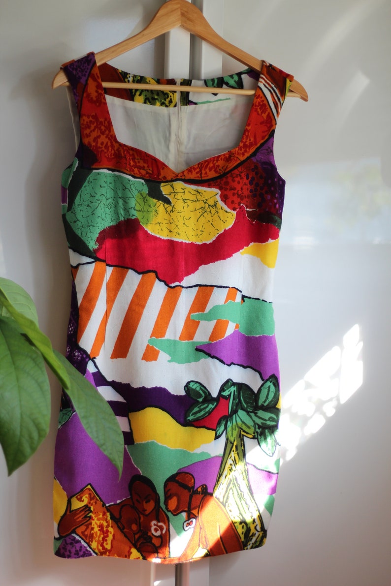 Vintage mini dress sleveless colorful Exotic print of Haiti Women Sweetheart cleavage Summer all over print dress by BYBLOS image 7