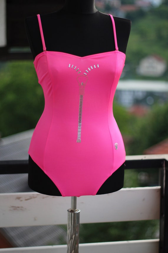 Neon pink one piece swimsuit with silver studs by… - image 1