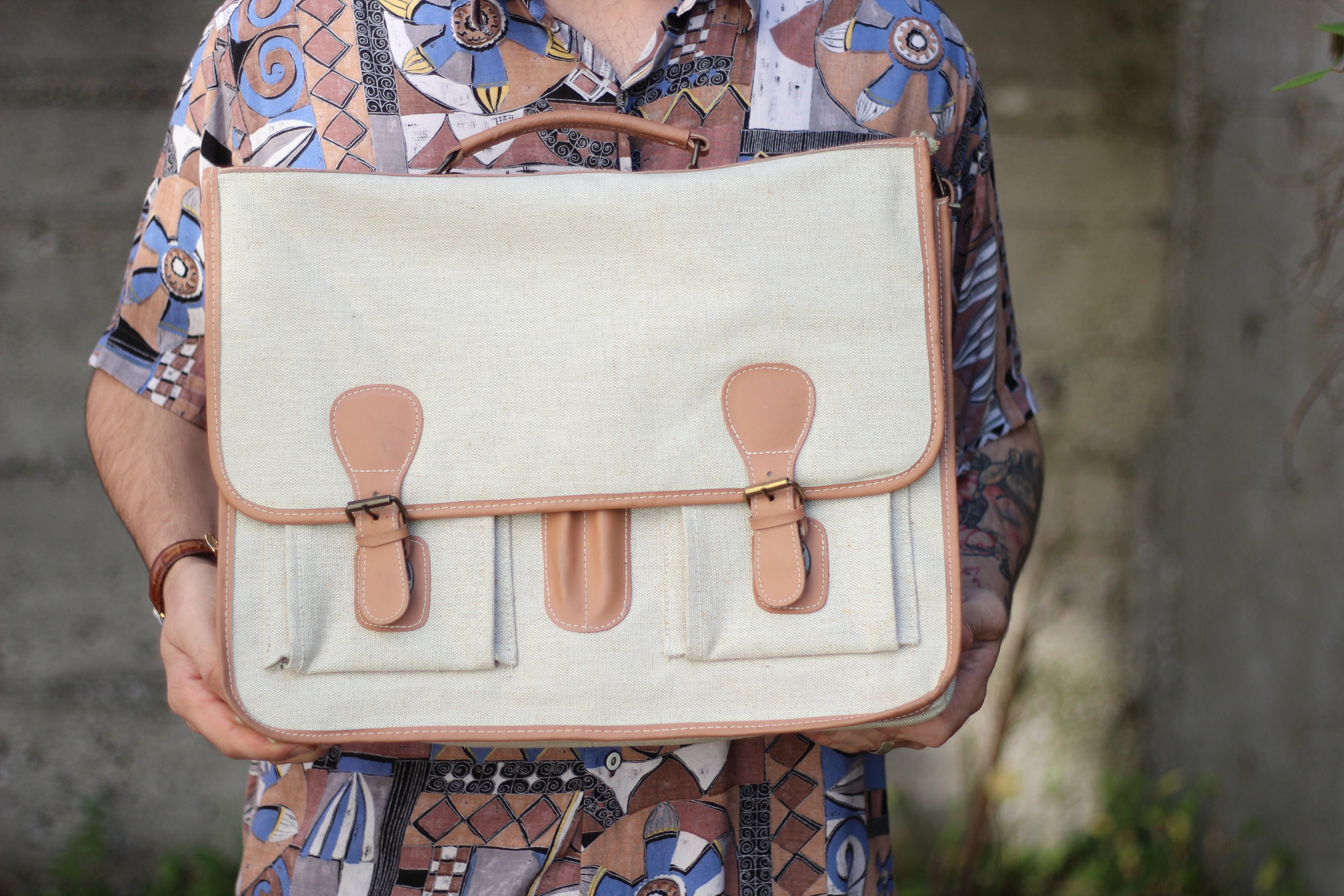 Vintage 90s canvas leather school bag Top handle laptop bag Etsy