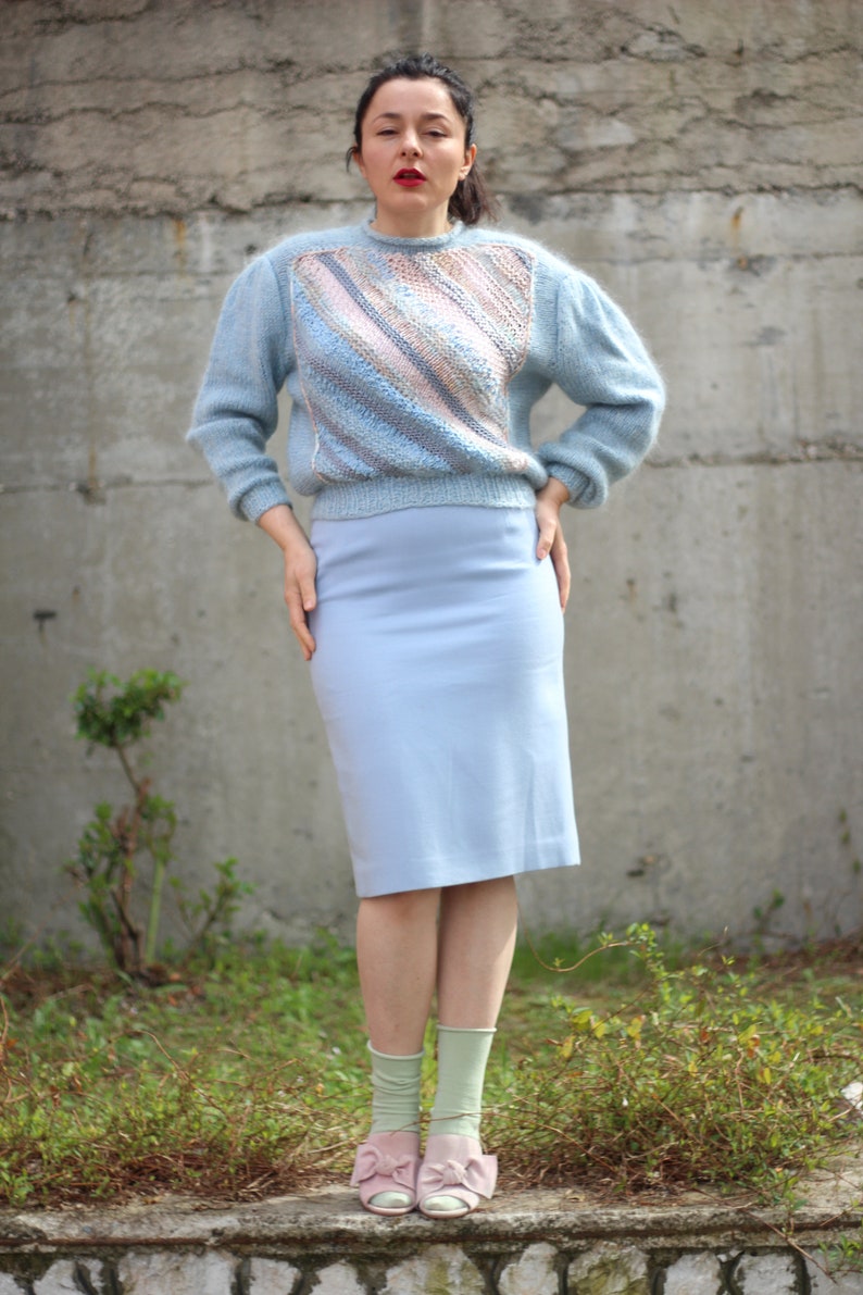 Vintage Baby Blue Mohair Sweater Handknit 80s Puff Sleeve Etsy