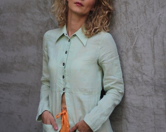 Vintage Sonia Rykiel linen shirt Minimalist 90s Mint green color with slits and pockets Utility style