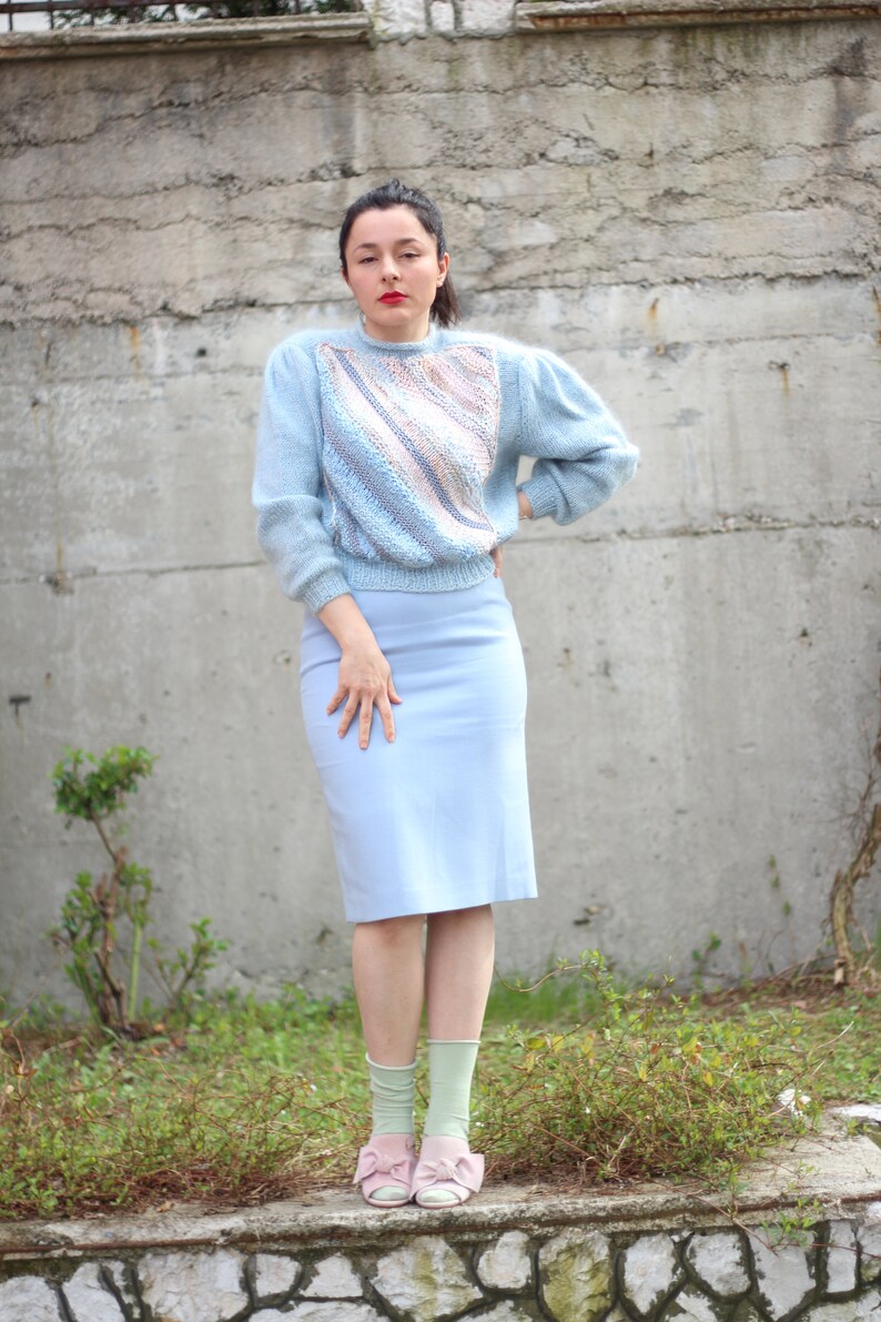 Vintage Baby Blue Mohair Sweater Handknit 80s Puff Sleeve Etsy