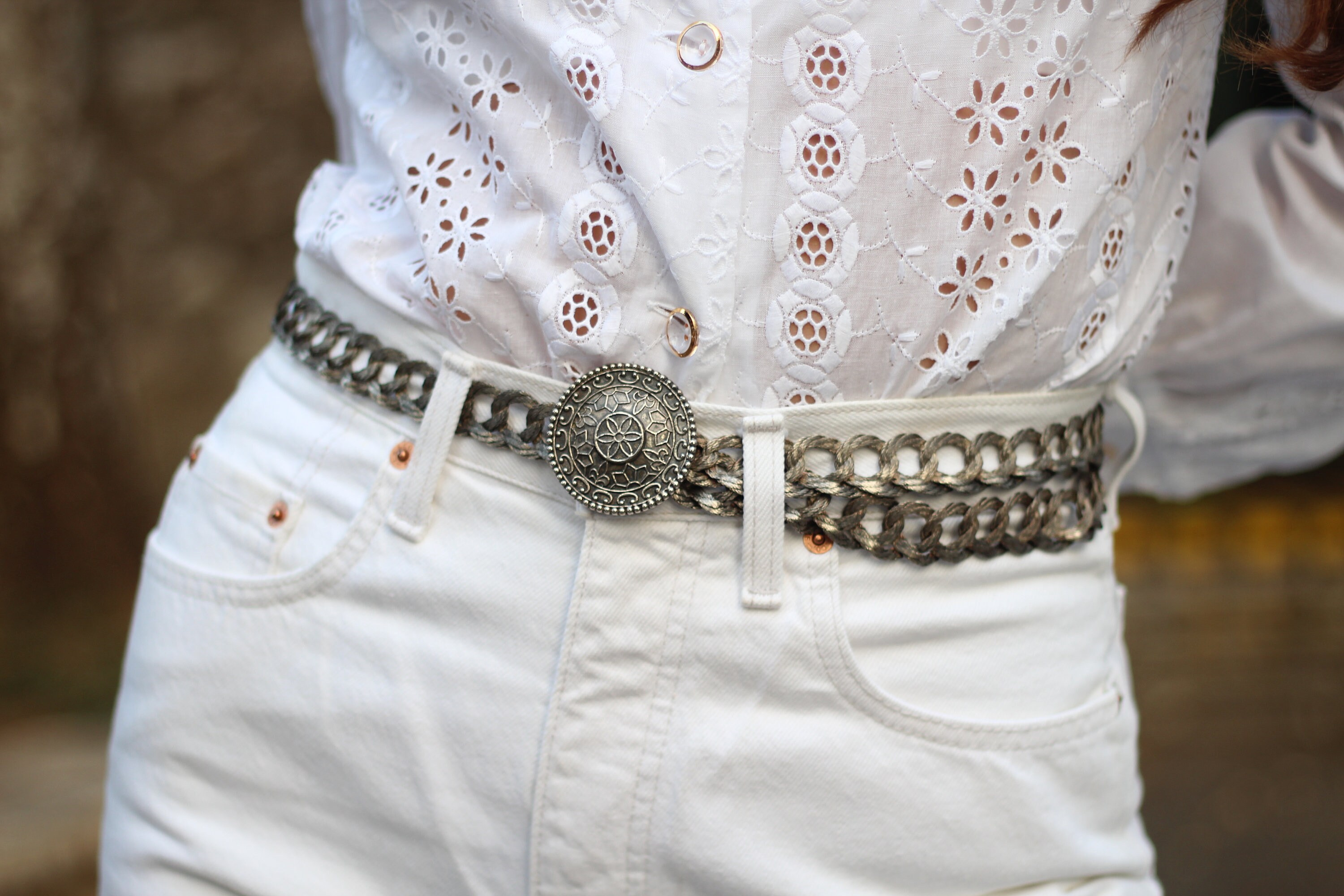 ★FLARE UP★ Braided Handmade Chain Belt FL732White Vintage Metallic Braided Belt 60s Woven Metal Statement
