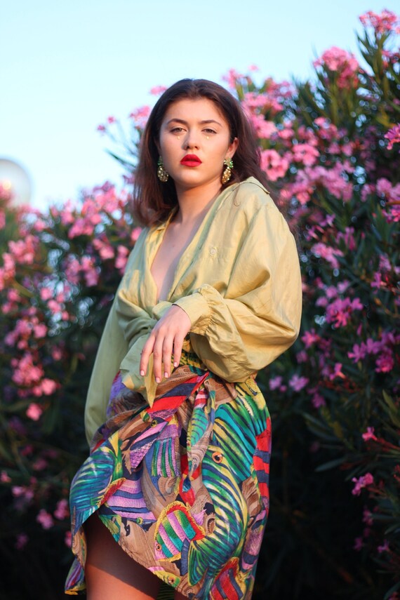 Vintage wrap silk skirt with tropical print fish s