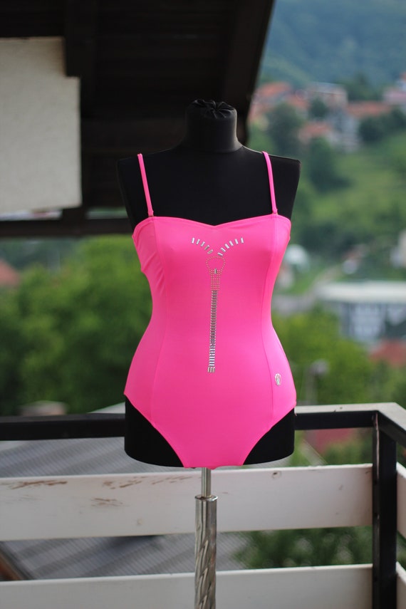 Neon pink one piece swimsuit with silver studs by… - image 6