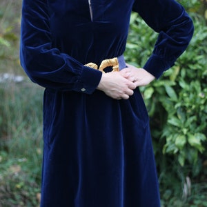 Vintage velvet dress floor length with pockets Long sleeves Fully lined Heavy cotton velvet blue dress Sewn retro romantic lady dress image 9