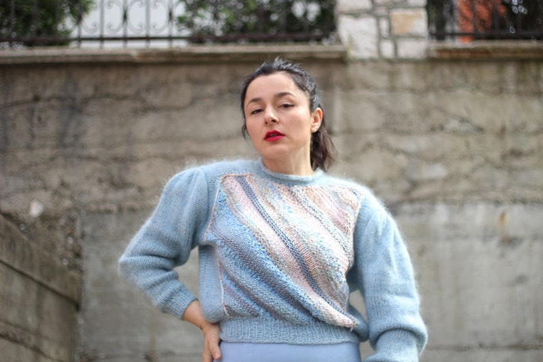Vintage Baby Blue Mohair Sweater Handknit 80s Puff Sleeve Etsy