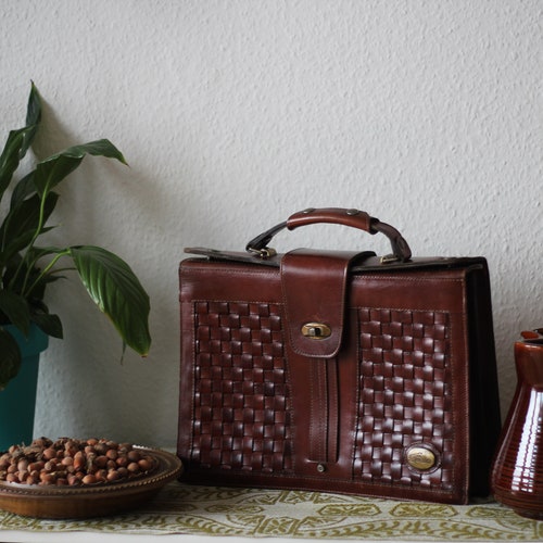 90s large woven leather handbag Minimalist Messenger Bag top handle / shoulder bag by shops Gudlin genuine leather laptop Briefcase Office bag