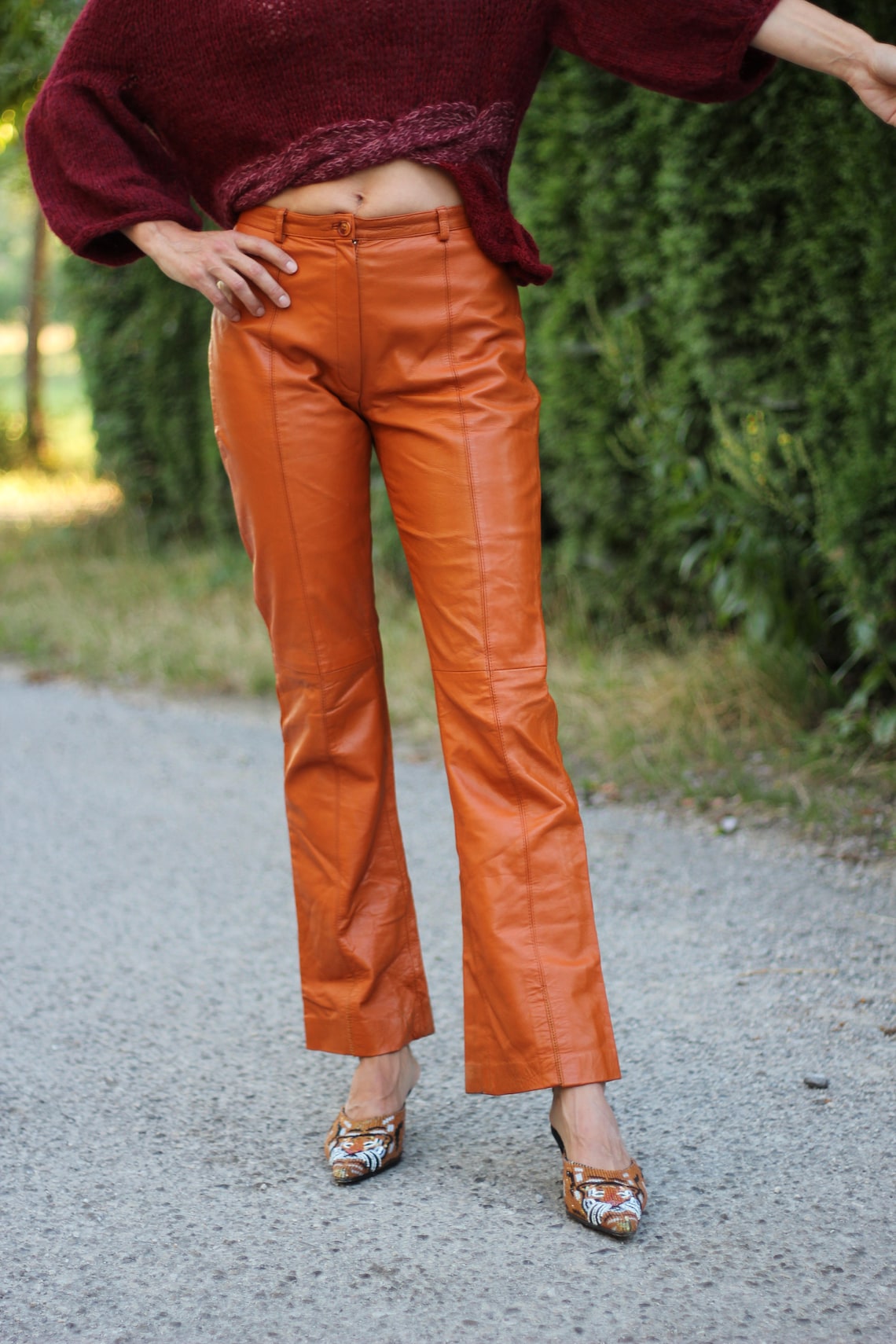 70 Bell Bottom Leather Pants Fully Lined High Rise Burnt Etsy