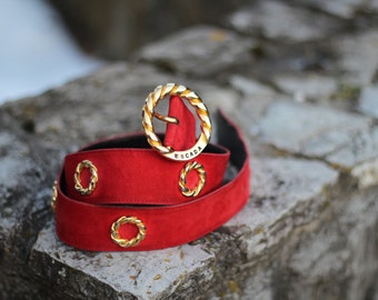 Vintage Escada Belt Suede Leather Golden rope shape hardware Made in Italy red and gold colour waist statement belt