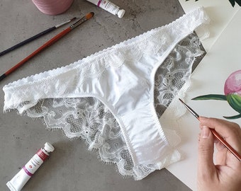 Wedding  panties,  White lace lingerie, Bridal underwear, Sheer satin undies, Knickers for bride, Brazilian Panty