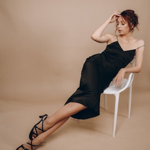 Silk slip dress, Black nightgown, Long lingerie dress on thin straps