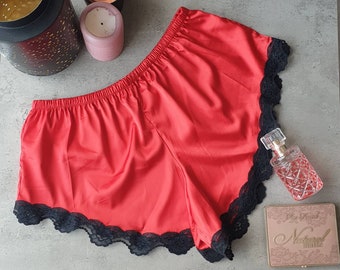 Satin shorts, Silky booty shorts with lace trim, Sexy red lingerie shorts, Beige sexy booty shorts, Sexy home shorts, Sexy pajama bottoms