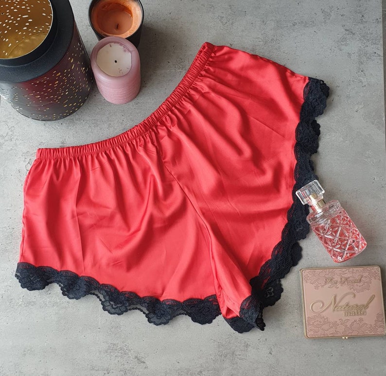 Satin Shorts, Silky Booty Shorts With Lace Trim, Sexy Red Lingerie