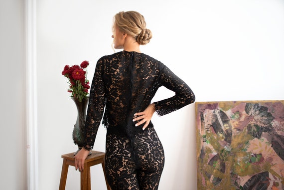 Compra invadir crucero Traje de encaje traje negro de cuerpo completo leggings de - Etsy México