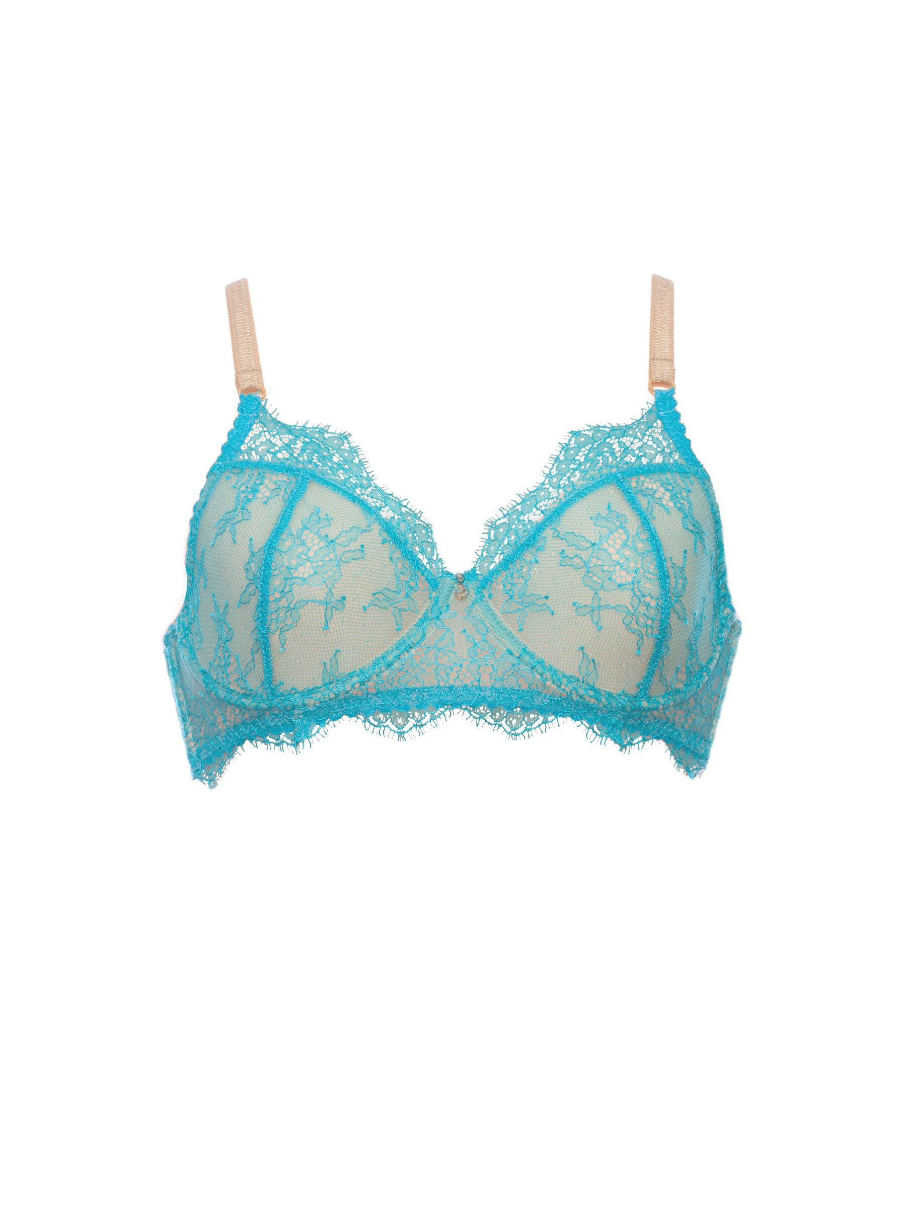 Turquoise Lace Underwire Bra, Soft Cups Bright Blue Brasseire 