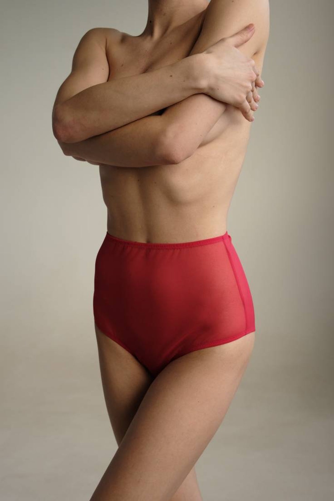 Sheer Mesh Red High Waist Panties, Highwaisted Underwear, See