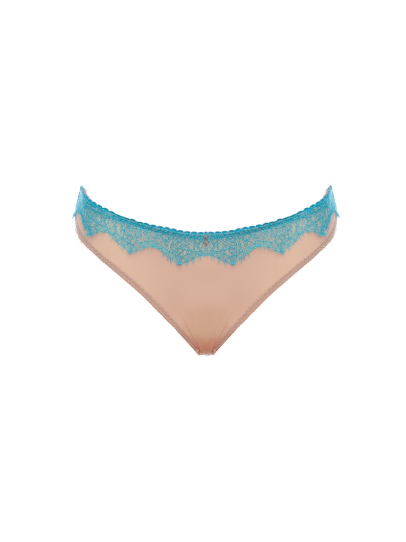 Puede incluir: Un par de bragas beige con ribete de encaje turquesa.