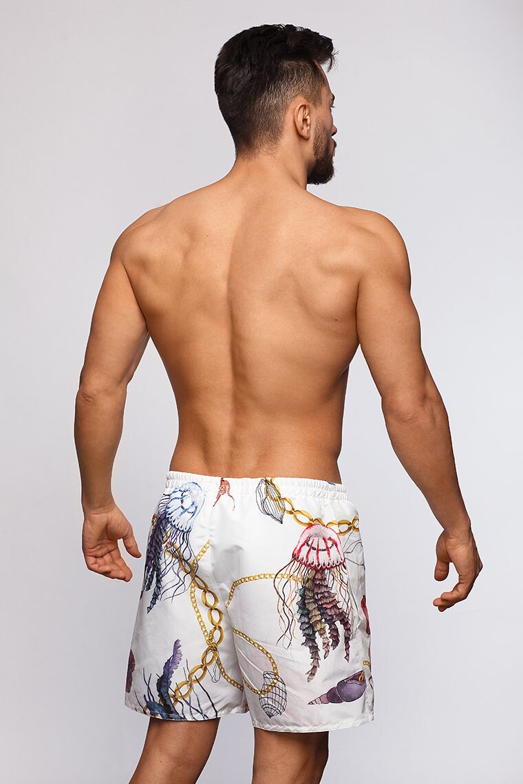 Sea Print White Men Swimming Shorts, White Swimwear Trunks With Octopus ...
